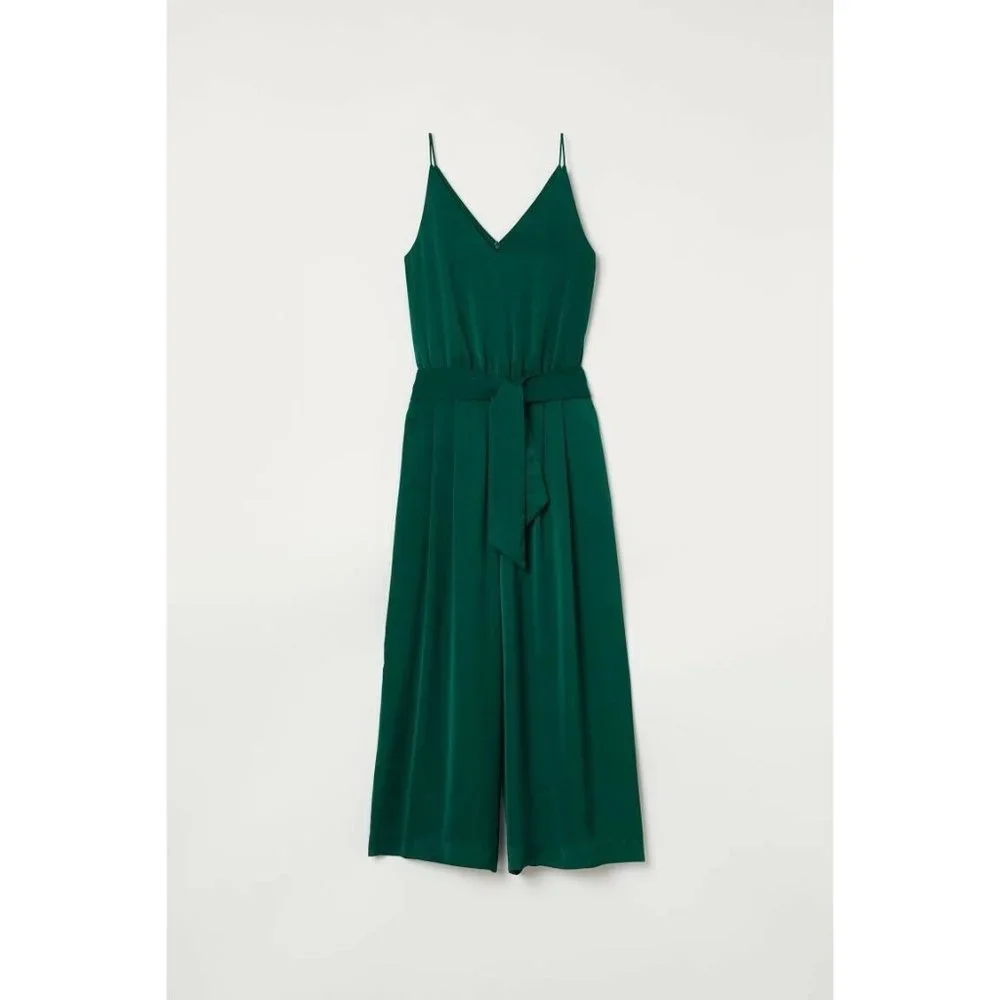 NWT H&M Wide Leg Crop Jumpsuit Emerald Green Belt Zip Up Size US 0 EU32 - Picture 2 of 12